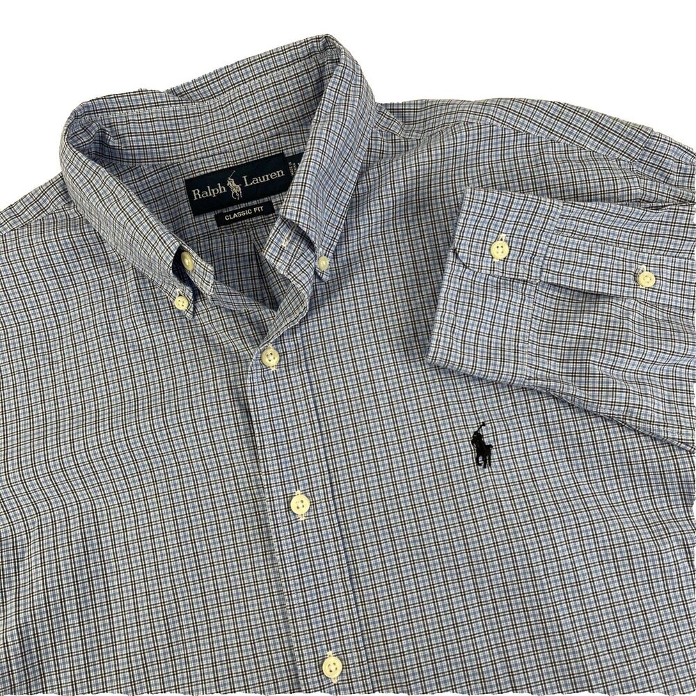 Mens Ralph Lauren Classic Fit Long Sleeve Button Down Shirt Sz XL Blue Check